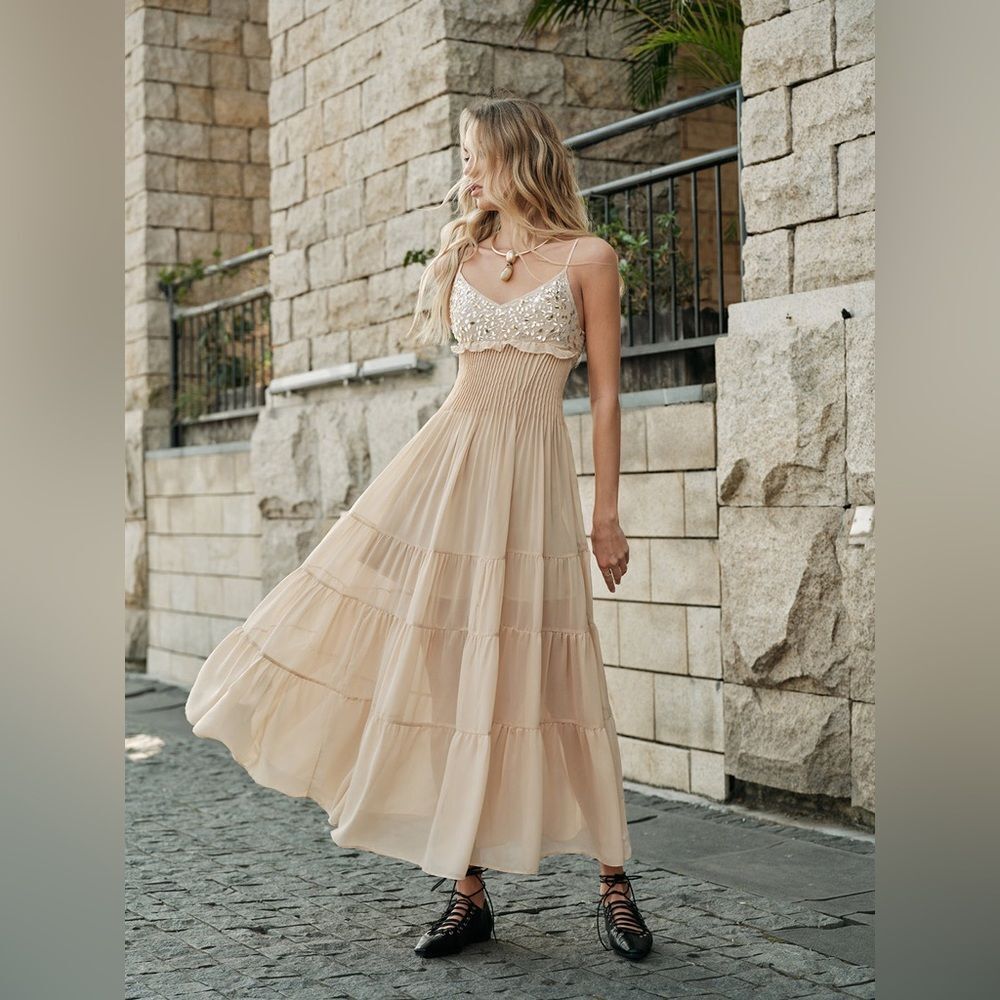 Commense Semi-Sheer Embroidered Bustier Tiered Dress